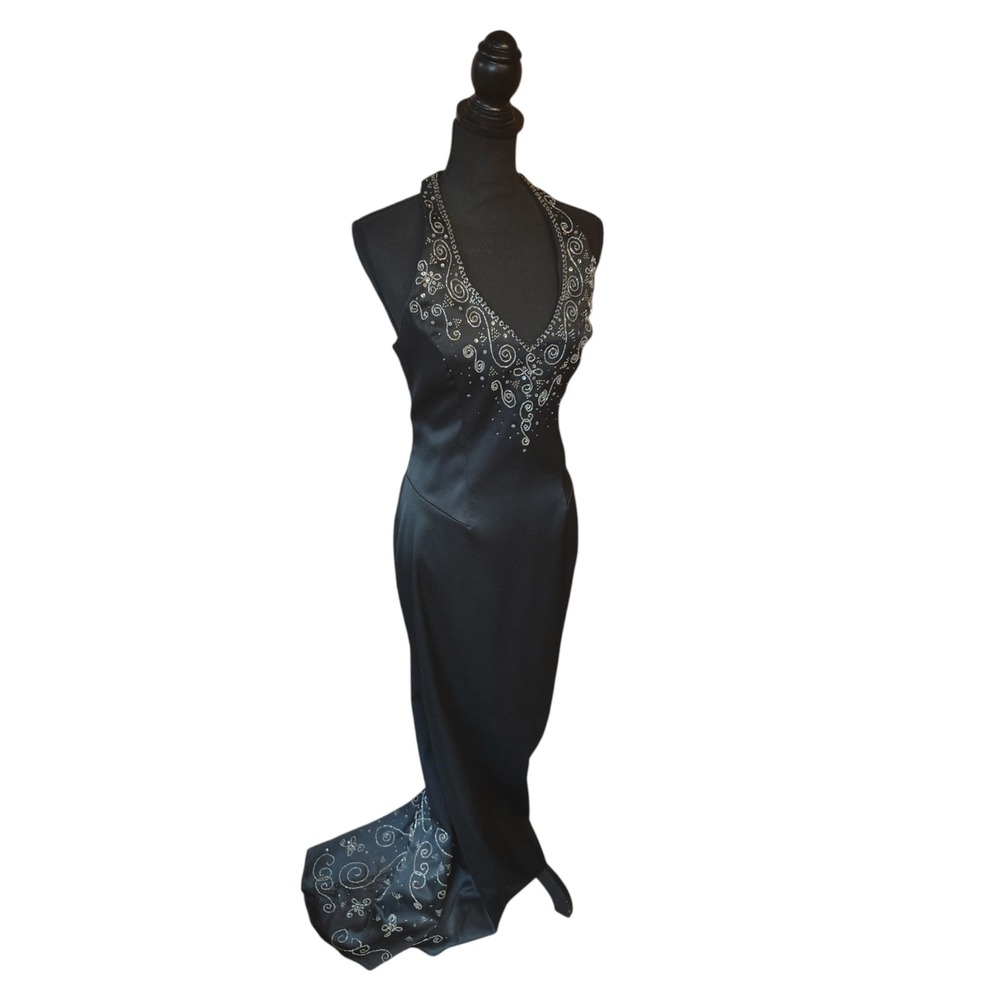 Vintage a fortiori Y2K Formal Dress Beaded Halter Lace Up Back Black Train S M
